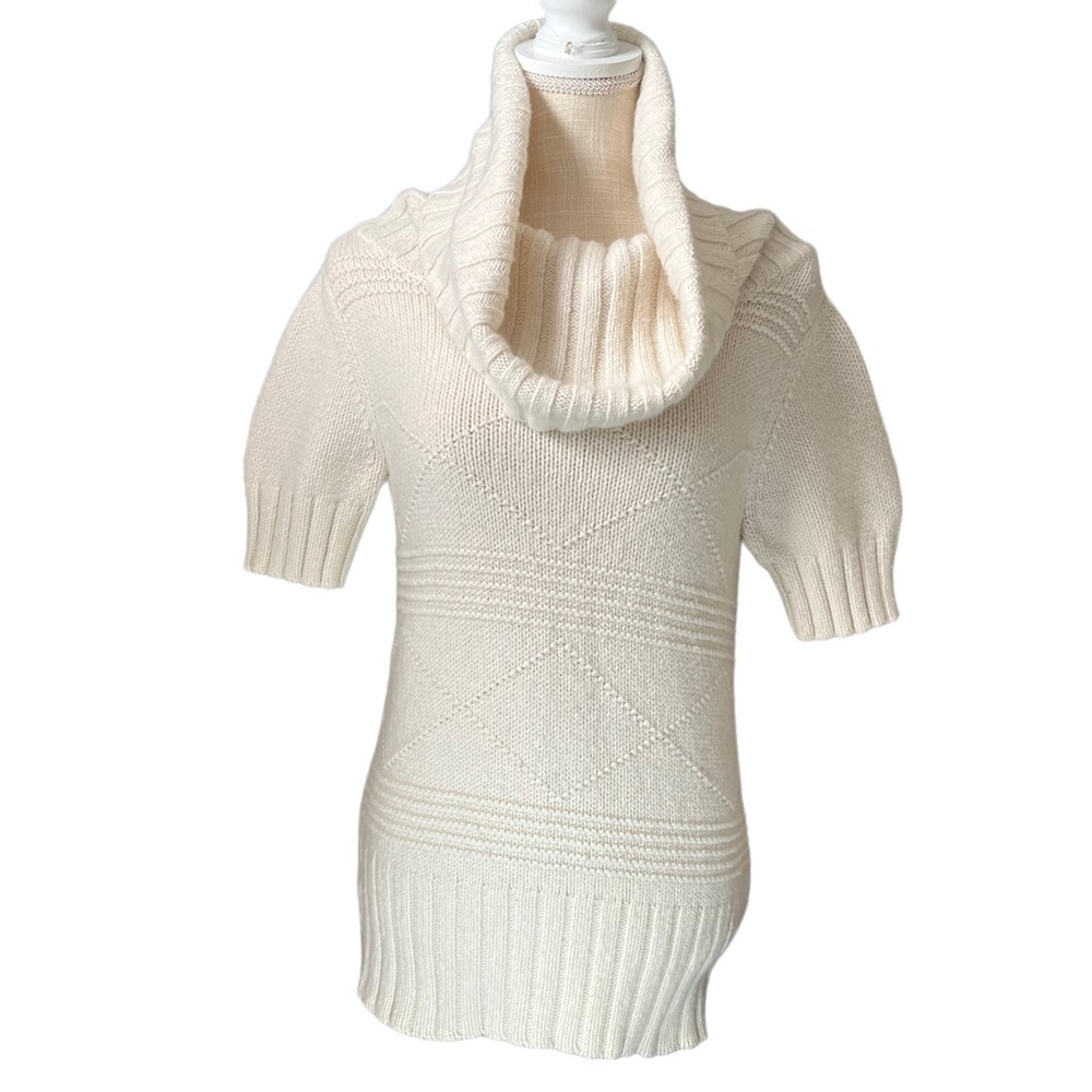 American Eagle Ivory White Cable 3-D Knit Wool Cowl Neck Short Sleeve Sweater XS